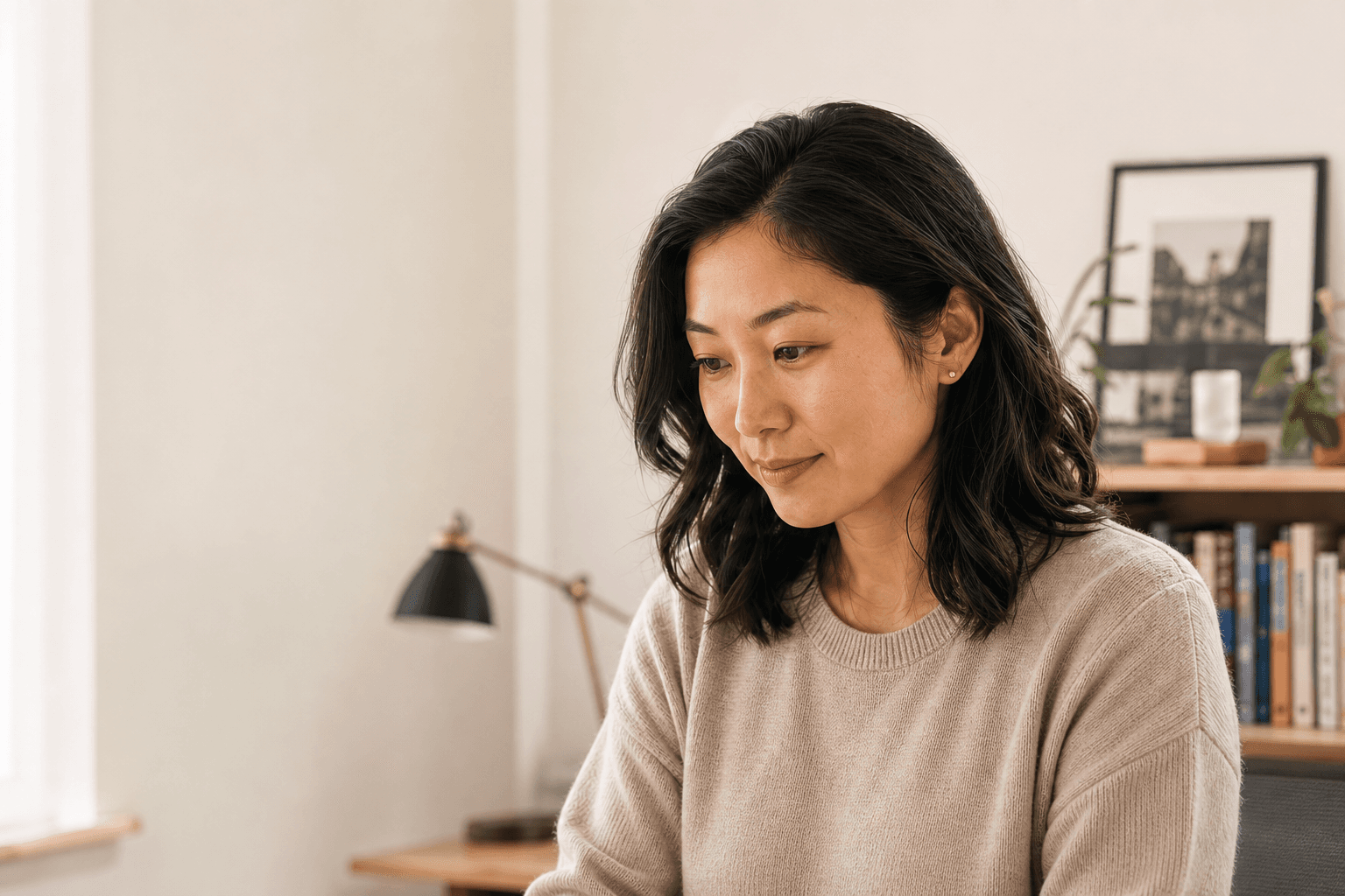 A fictional professional reviewing a calm career plan at home