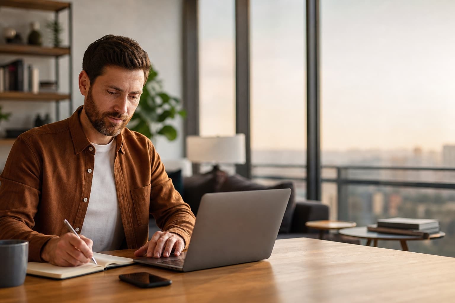 Fictional professional considering a career transition with a laptop and notebook.