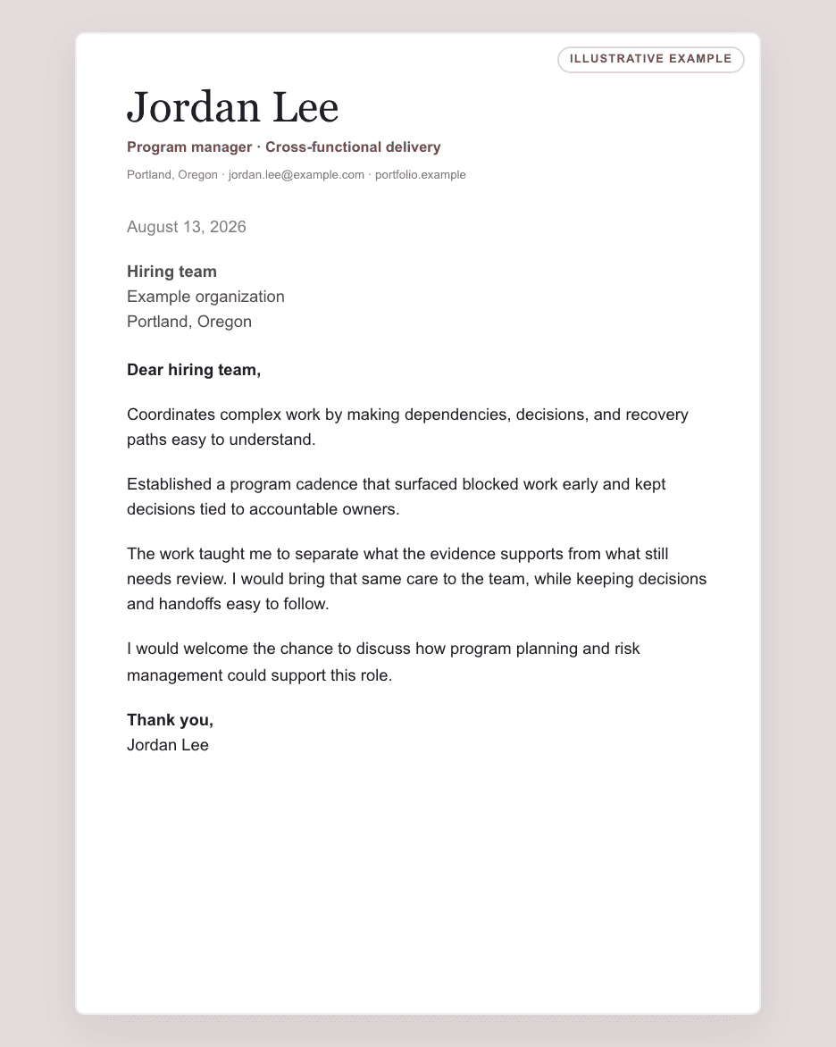 Returner illustrative cover letter