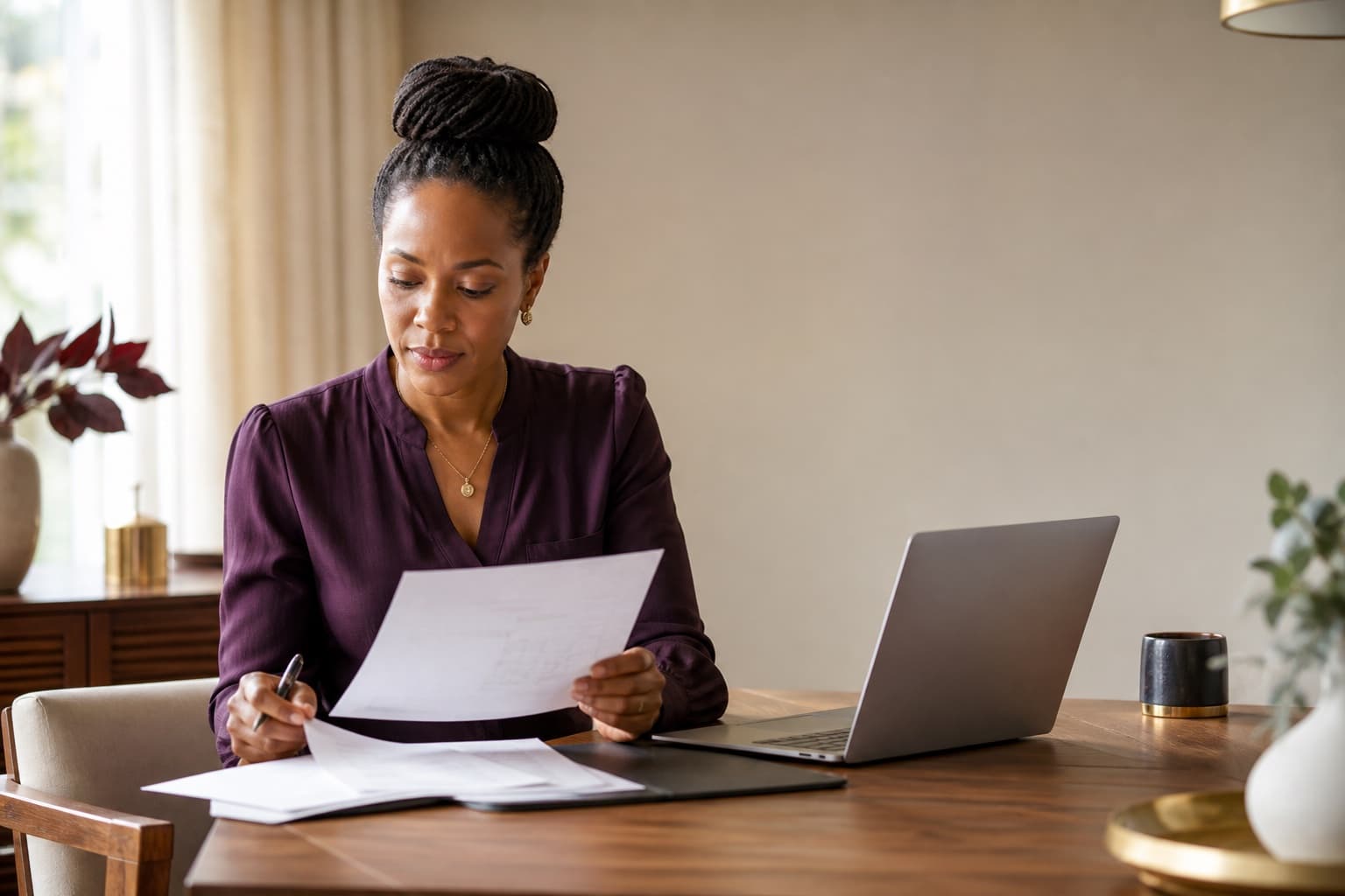 Fictional professional reviewing printed career notes beside a laptop