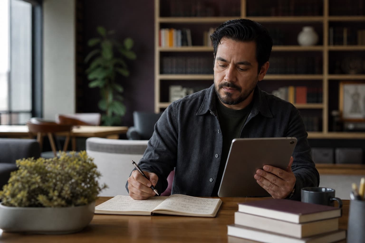 Fictional professional comparing career notes with information on a tablet